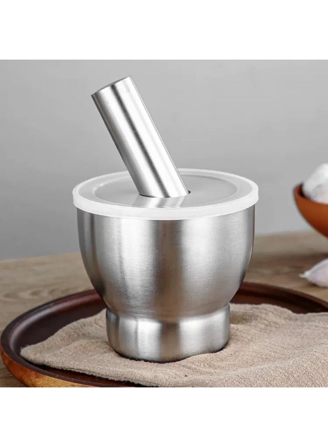 هاون فاخر من الفولاذ المقاوم للصدأ بقاعدة وغطاء متينين للاستخدام اليومي في المطبخ. تصميم مصبوب صلب لطحن التوابل والأعشاب بسهولة. - Image 1